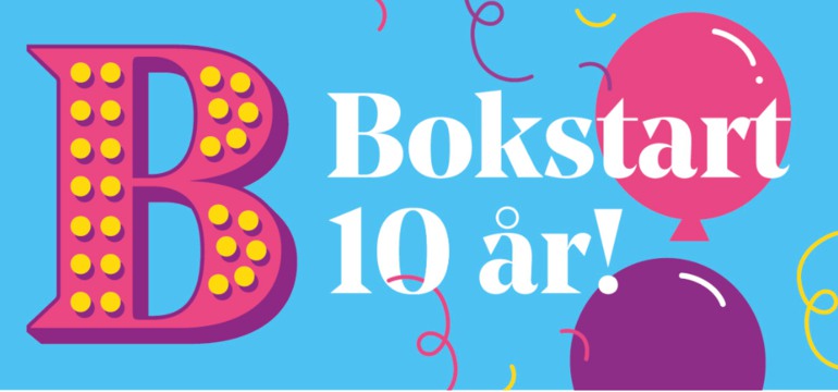 Bokstartslogo, ballonger, serpentiner och text på bild Bokstart 10 år!